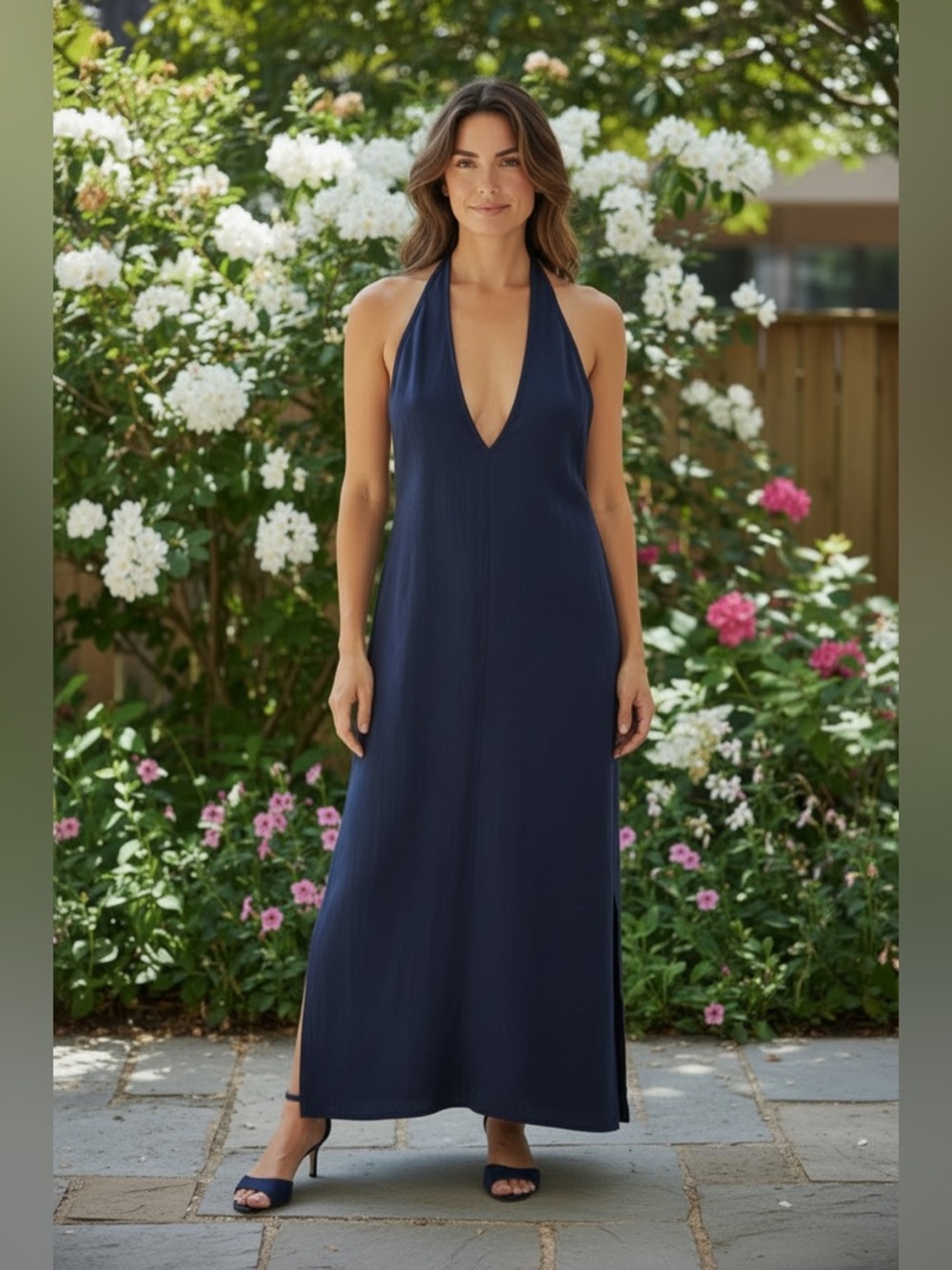 ANTONIO MELANI Navy Sondra Halter Maxi Dress XL NWT $179 Coastal Cocktail Resort